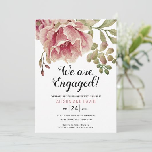 Stoffig roos roze bloemenbruiloft verlovingsfeest kaart (Staand voorkant)