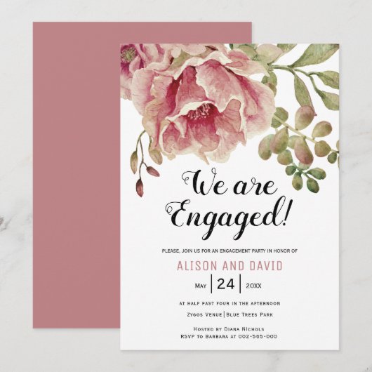 Stoffig roos roze bloemenbruiloft verlovingsfeest kaart (Voorkant / Achterkant)