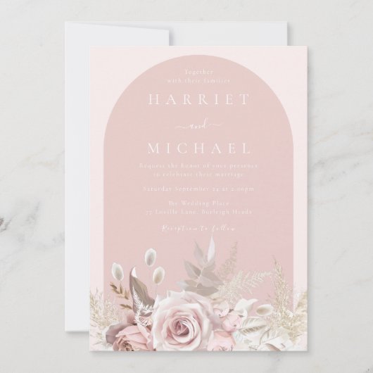 Stoffig Roos Roze Boog Blush Bloemen bruiloft Kaart (Voorkant)
