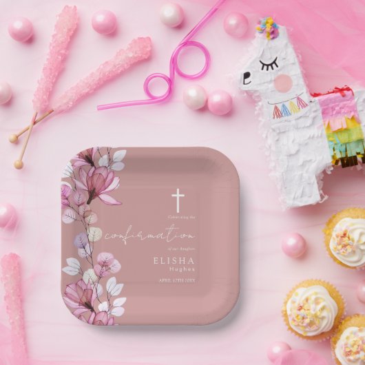 Stoffig Roos Roze Doorzichtige Bloembevestiging Papieren Bordje (Feest)