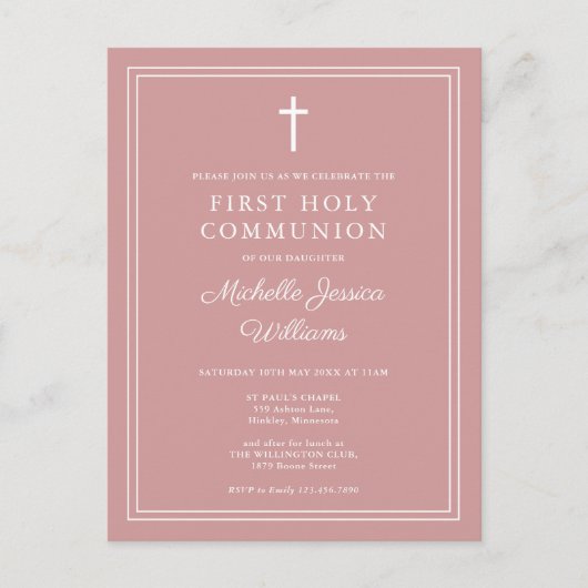 Stoffig Roos Roze Eerste Heilige Communie Uitnodig Briefkaart (Voorkant)