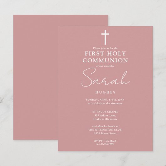 Stoffig Roos Roze Eerste Heilige Communie Uitnodig Briefkaart (Voorkant / Achterkant)