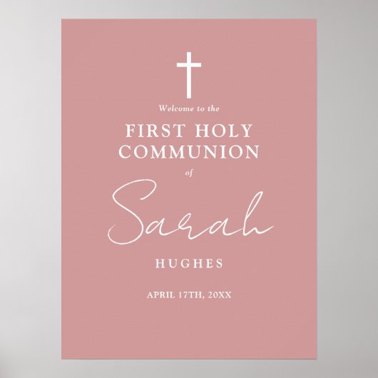 Stoffig Roos Roze Eerste Heilige Communie Welkomst Poster (Voorkant)