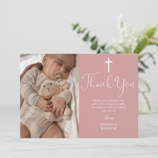 Stoffig Roos Roze Elegant Script Fotodoop Bedankkaart (Staand voorkant)