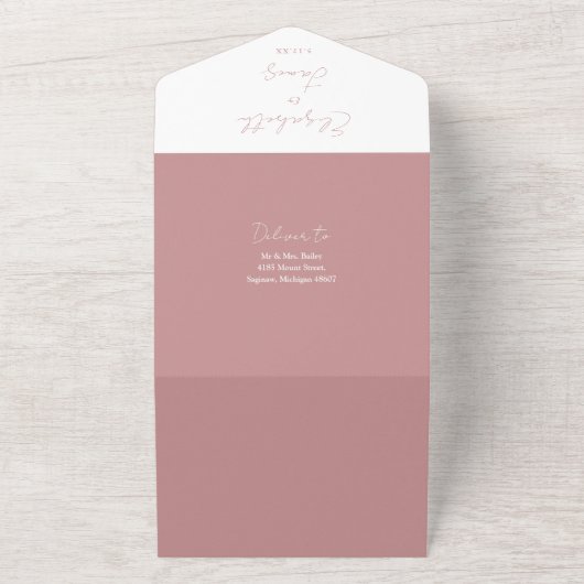 Stoffig Roos Roze Elegant Script QR Code Wedding All In One Uitnodiging (Buitenkant)