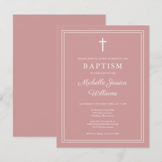 Stoffig Roos Roze Elegante Grensdoopuitnodiging Briefkaart (Voorkant / Achterkant)