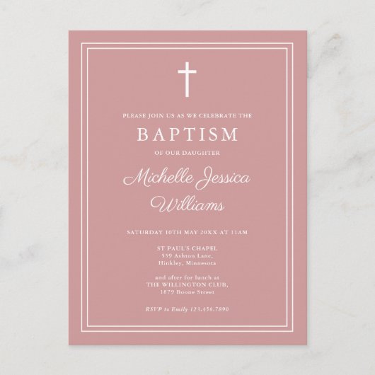 Stoffig Roos Roze Elegante Grensdoopuitnodiging Briefkaart (Voorkant)