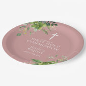 Stoffig Roos Roze groen Eerste Heilige Communie Papieren Bordje (Gekanteld)