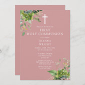 Stoffig Roos Roze groen Eerste Heilige Communie Save The Date (Voorkant / Achterkant)