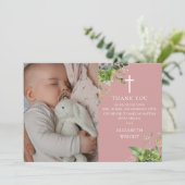 Stoffig Roos Roze groen Foto doop doop doop doopse Bedankkaart (Staand voorkant)