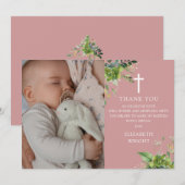 Stoffig Roos Roze groen Foto doop doop doop doopse Bedankkaart (Voorkant / Achterkant)