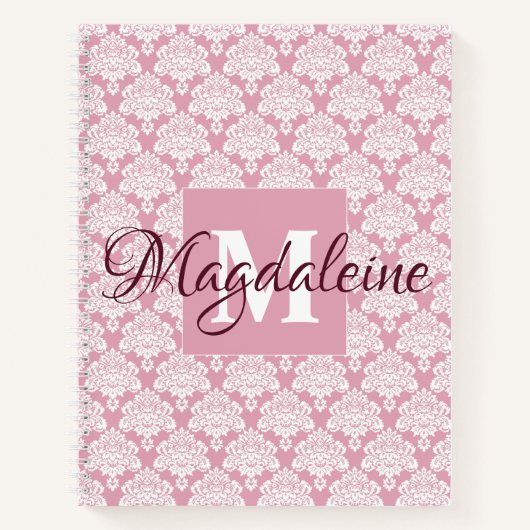 Stoffig Roos Roze  Lacy Damask Monogrammed Notitieboek (Voorkant)