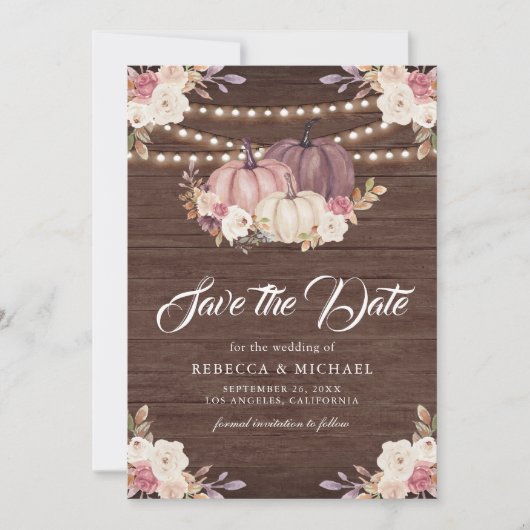 Stoffig Roos Roze Pompoen Bloemen Hout Wedding Save The Date (Voorkant)
