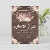 Stoffig Roos Roze Pompoen Bloemen Hout Wedding Save The Date (Staand voorkant)