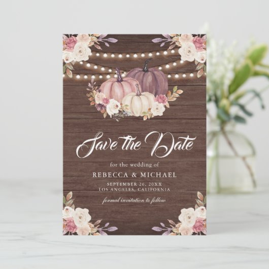 Stoffig Roos Roze Pompoen Bloemen Hout Wedding Save The Date (Staand voorkant)