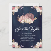 Stoffig Roos Roze Pompoen Bloemen Navy Blue Weddin Save The Date (Voorkant)
