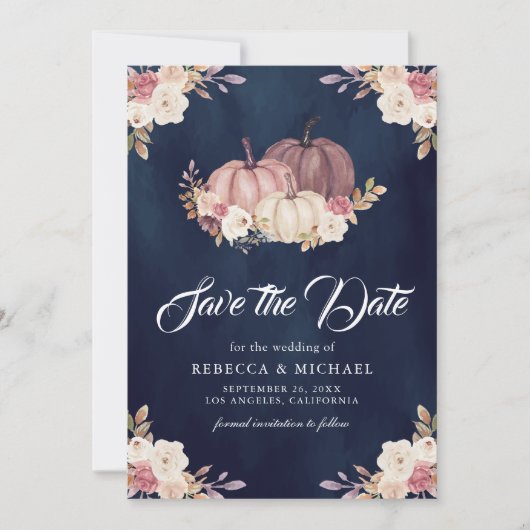 Stoffig Roos Roze Pompoen Bloemen Navy Blue Weddin Save The Date (Voorkant)
