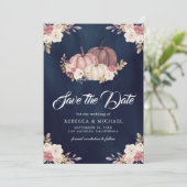 Stoffig Roos Roze Pompoen Bloemen Navy Blue Weddin Save The Date (Staand voorkant)