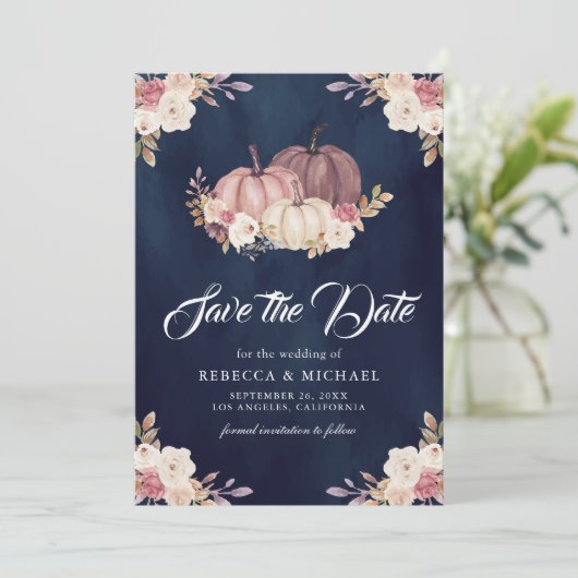 Stoffig Roos Roze Pompoen Bloemen Navy Blue Weddin Save The Date (Staand voorkant)
