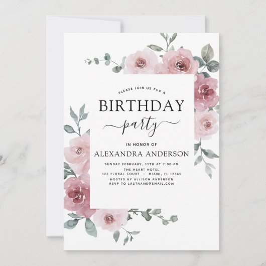 Stoffig Roos Roze Verjaardagsfeest Bloemenuitnodig Kaart (Voorkant)