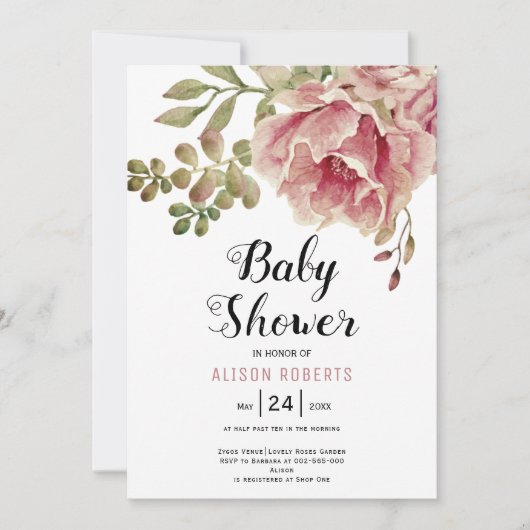 Stoffig roos roze waterverf bloemen baby shower kaart (Voorkant)