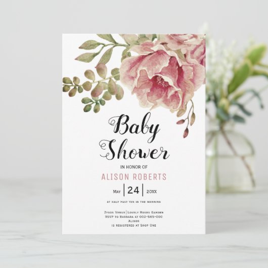 Stoffig roos roze waterverf bloemen baby shower kaart (Staand voorkant)