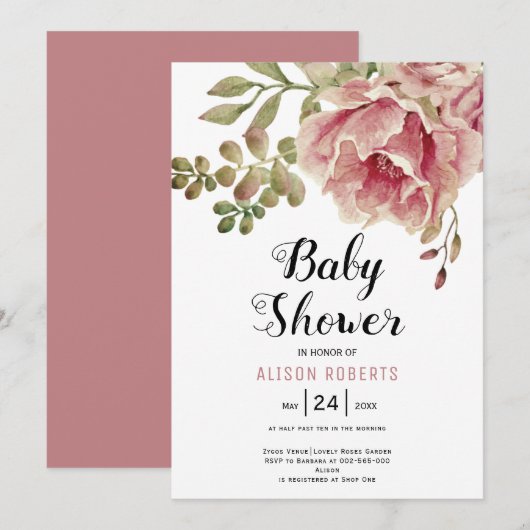 Stoffig roos roze waterverf bloemen baby shower kaart (Voorkant / Achterkant)