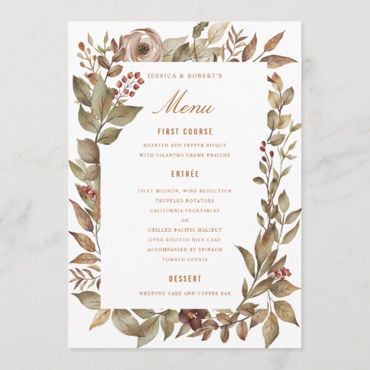 Stoffig Roos Sage Rust Fall Wedding Menu Kaart (Voorkant)