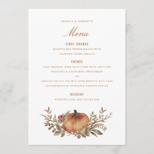 Stoffig Roos Sage Rust Pompoen Fall Wedding Menu (Voorkant)