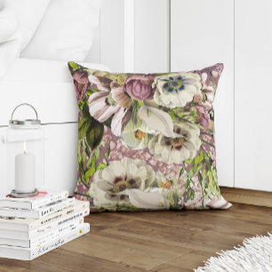 Stoffig roos smaragdgroene en witte grijze bloemen kussen