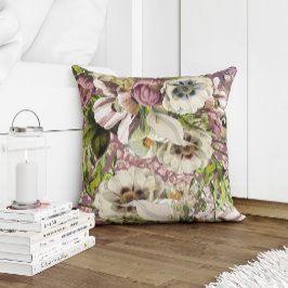 Stoffig roos smaragdgroene en witte grijze bloemen kussen