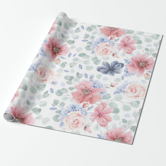Stoffig Roos Stoffig Blauw Bloemenpatroon Elegant Cadeaupapier (Uitgerold)
