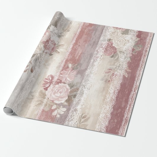 Stoffig Roos Stripe & Lace Cadeaupapier (Uitgerold)