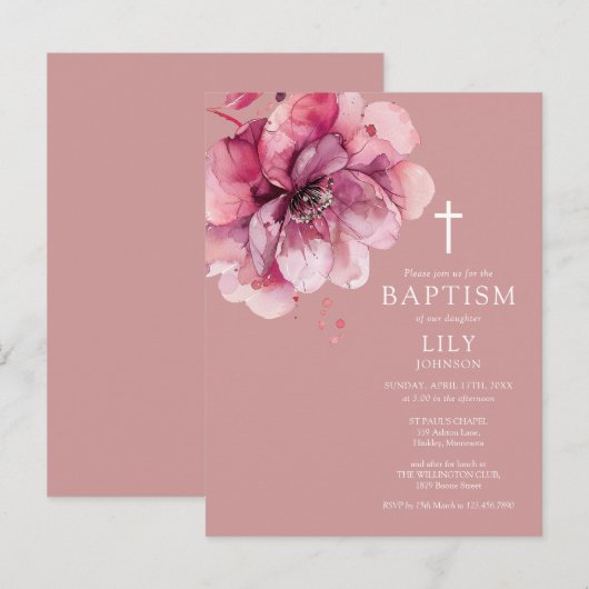 Stoffig Roos Waterverf Bloemdoop Uitnodiging (Voorkant / Achterkant)