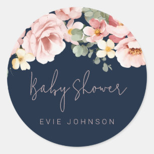 Stoffig Roos Waterverf Bloemen Baby shower Marine Ronde Sticker