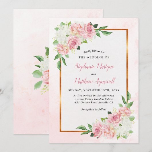 Stoffig Roos Witte Bloemen Waterverf Gouden Huweli Kaart (Voorkant / Achterkant)