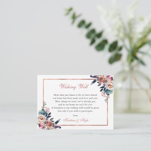 Stoffig Roze Blauw Bloemen Bruiloft Wishing Well Informatiekaartje (Staand voorkant)