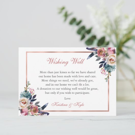 Stoffig Roze Blauw Bloemen Wishing Well Bruiloft Informatiekaartje (Staand voorkant)