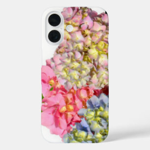 Stoffig roze blauw geel groen bloemenhortensia's iPhone 16 hoesje