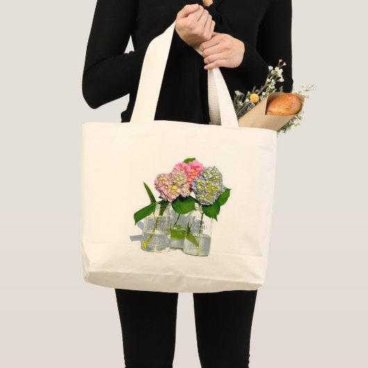 Stoffig roze blauw geel groen bloemenhortensia's grote tote bag (Voorkant (product))