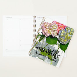 Stoffig roze blauw geel groen bloemenhortensia's planner