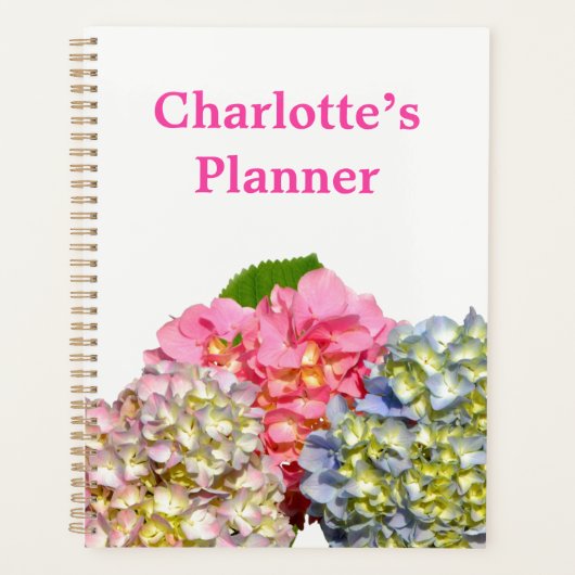 Stoffig roze blauw geel groen bloemenhortensia's planner (Voorkant)