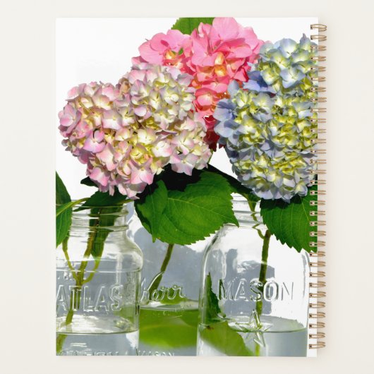 Stoffig roze blauw geel groen bloemenhortensia's planner (Achterkant)