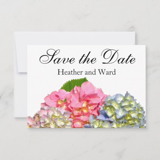 Stoffig roze blauw geel groen bloemenhortensia's save the date (Voorkant)