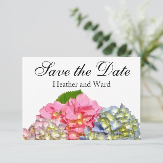 Stoffig roze blauw geel groen bloemenhortensia's save the date (Staand voorkant)
