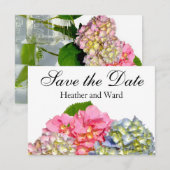 Stoffig roze blauw geel groen bloemenhortensia's save the date (Voorkant / Achterkant)