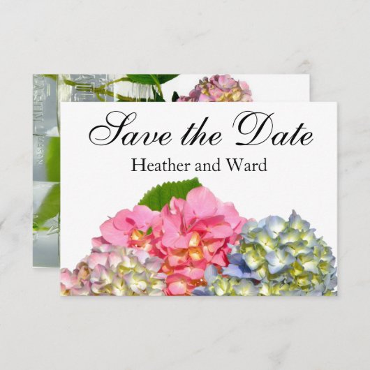Stoffig roze blauw geel groen bloemenhortensia's save the date (Voorkant / Achterkant)