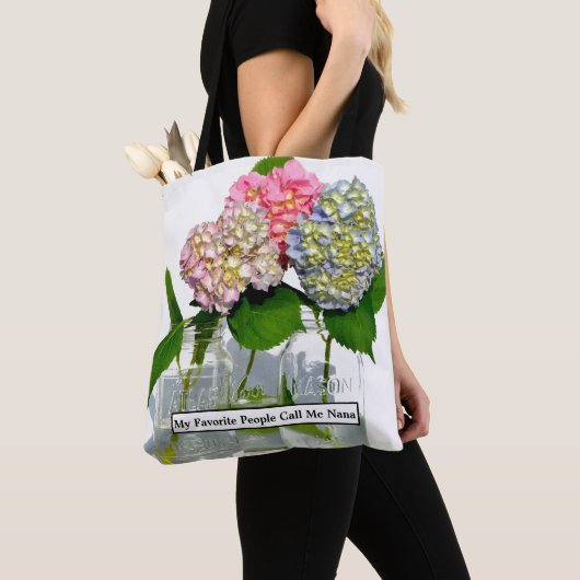 Stoffig roze blauw geel groen bloemenhortensia's tote bag (Dichtbij)