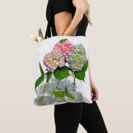 Stoffig roze blauw geel groen bloemenhortensia's tote bag