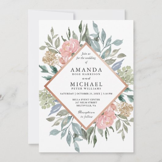 Stoffig Roze Blauw Groen Rustiek Wild Floral Weddi Kaart (Voorkant)